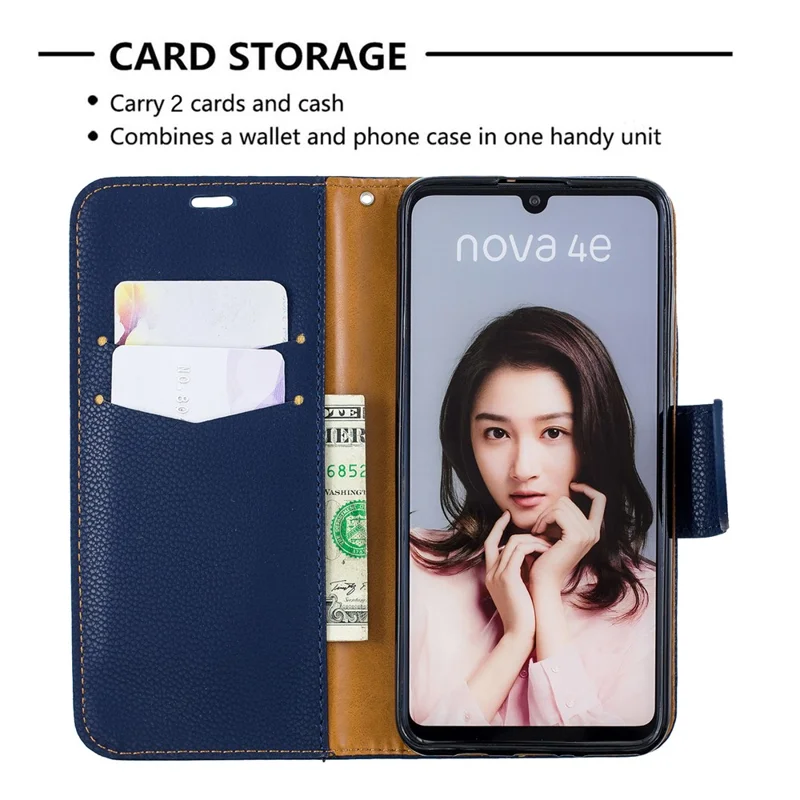 Litchi Skin PU Leather Stand Protection Shell for Huawei P30 Lite / nova 4e - Blue