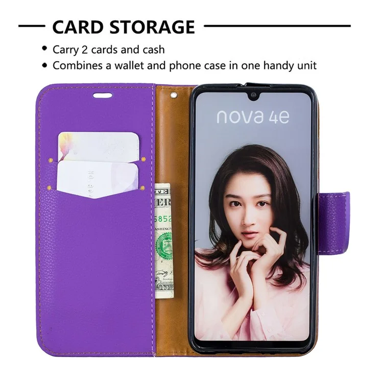 Litchi Skin PU Stand Protection Shell Para Huawei P30 Lite / Nova 4e - Roxo