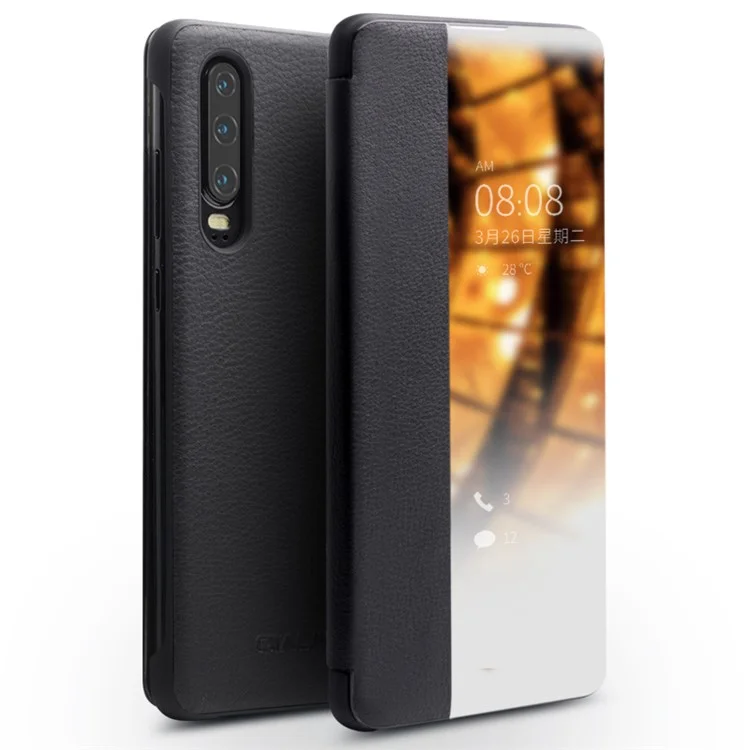 QIALINO para Huawei P30 Vista de la ventana Funda de cuero de vacuno inteligente para teléfono - Negro