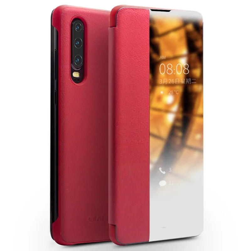 QIALINO for Huawei P30 View Window Cowhide Leather Smart Phone Case - Red