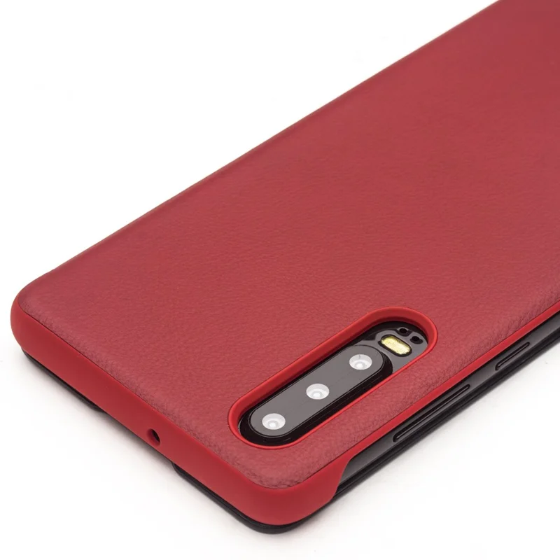 QIALINO for Huawei P30 View Window Cowhide Leather Smart Phone Case - Red