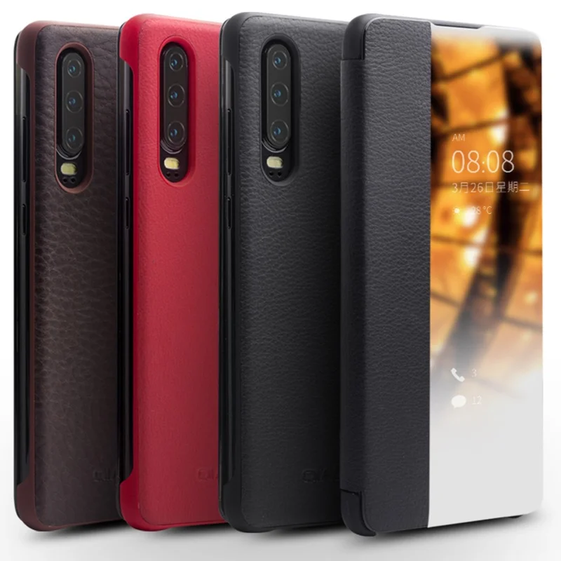 QIALINO for Huawei P30 View Window Cowhide Leather Smart Phone Case - Red