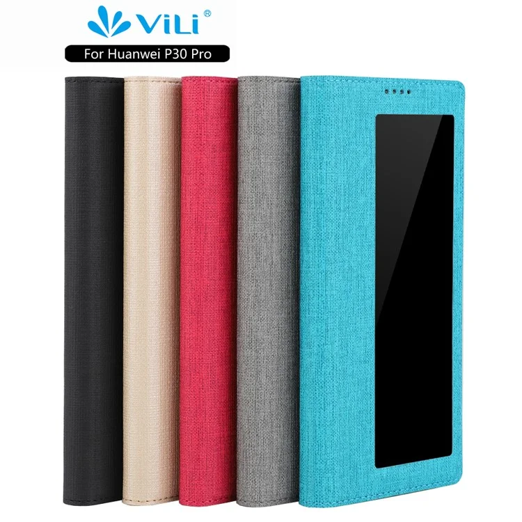 VILI DMX Cross Texture View Window Leather Flip Phone Cover with Card Slot for Huawei P30 Pro - Black