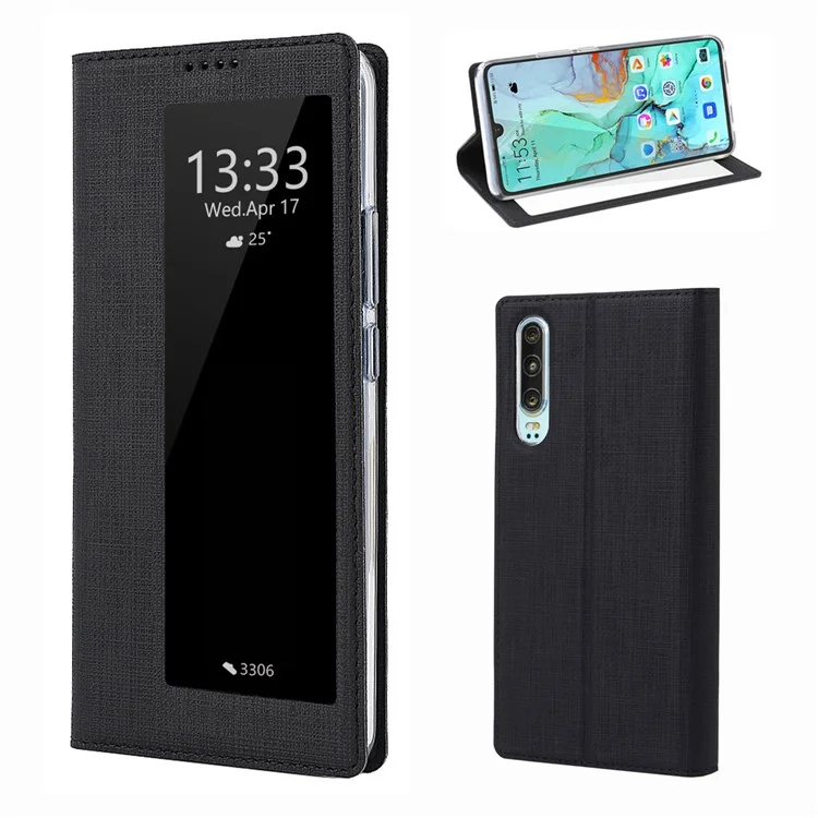 VILI DMX Folding Stand View Window Leather Phone Cover Case for Huawei P30 - Black