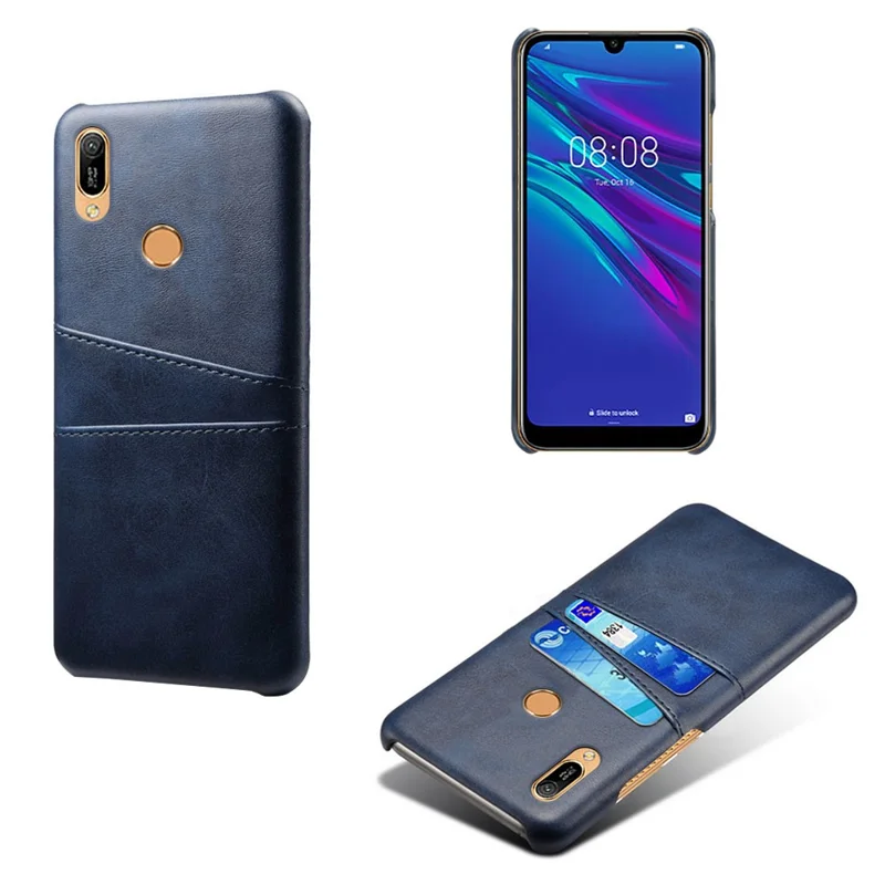 For Huawei Y6 (2019, with Fingerprint Sensor) / Y6 Prime (2019) PU Leather Coated PC Mobile Casing with Dual Card Slots - Blue