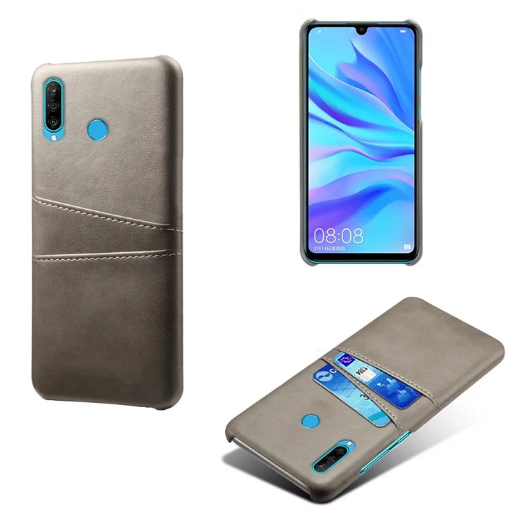 Para Huawei P30 Lite / nova 4e Capa de Celular em PC Revestida de Couro PU com Dois Slots para Cartão - Cinza