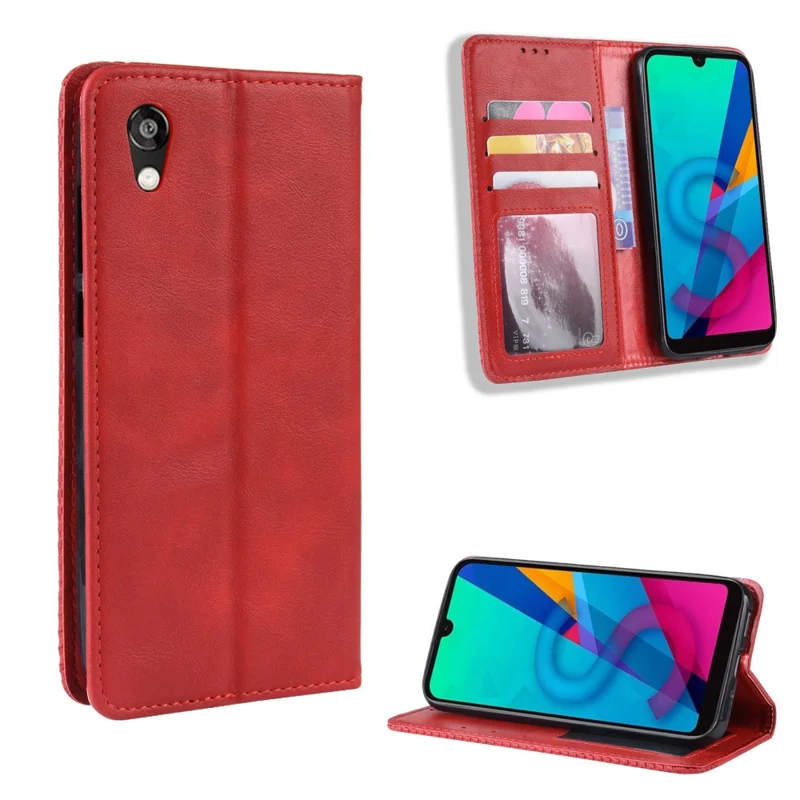 Automatisch afsluitend vintage PU-lederen portemonnee-foederaal voor Huawei Honor 8S / Y5 (2019) - Rood
