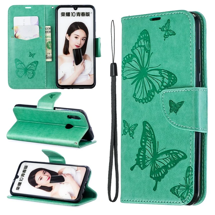 Pour Huawei P Smart (2019) / Honor 10 Lite pu Leather Imprint Butterflies Téléphone Téléphone - Vert