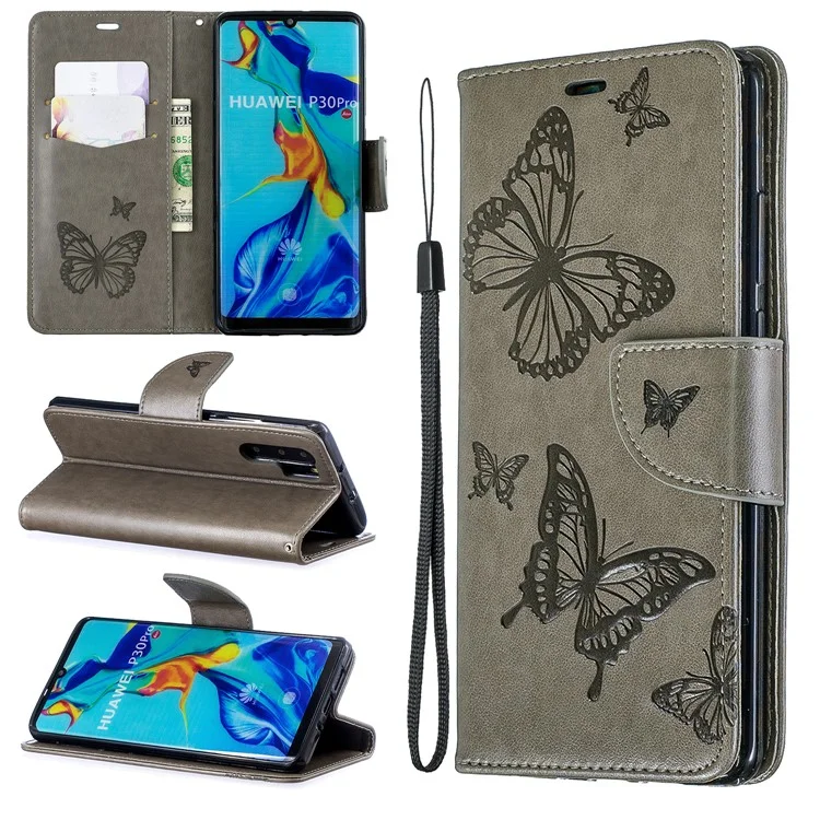 Para Huawei P30 Pro pu Impresión de Cuero Caja de Teléfono de Mariposas - Gris