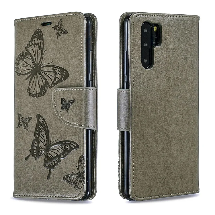 For Huawei P30 Pro PU Leather Imprint Butterflies Phone Case - Grey