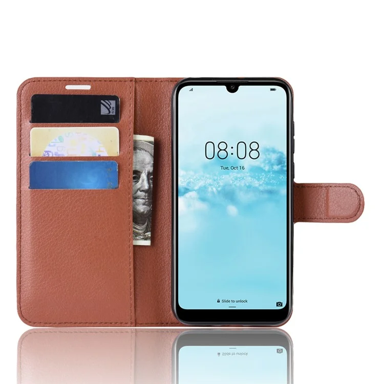 Funda de cartera de piel de imitación de litchi con soporte magnético para Huawei Y5 (2019) / 8S - Marrón