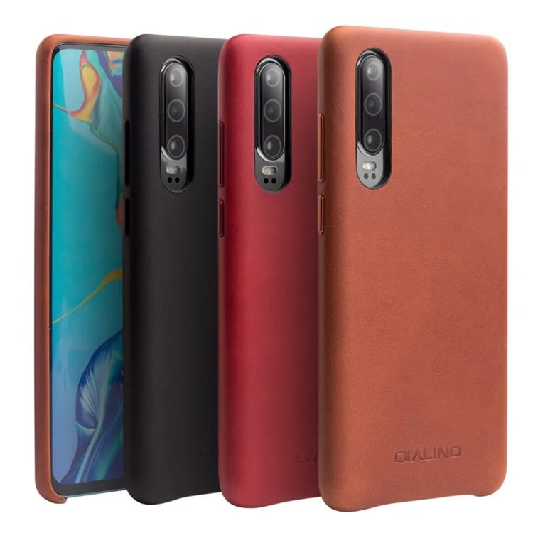 QIALINO Étui rigide en PC enduit de cuir véritable pour Huawei P30 - Noir 