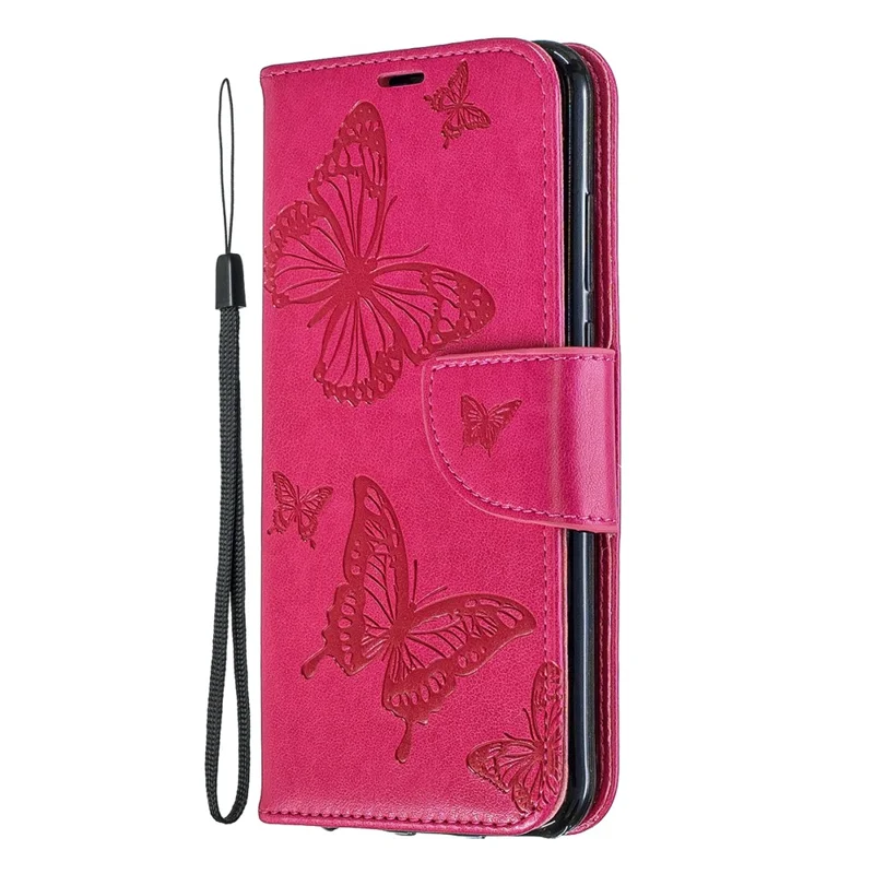 Imprint Butterfly PU Leather Wallet Flip Case with Strap for Huawei Y6 (2019, with Fingerprint Sensor) / Y6 Prime (2019) / Honor 8A - Rose