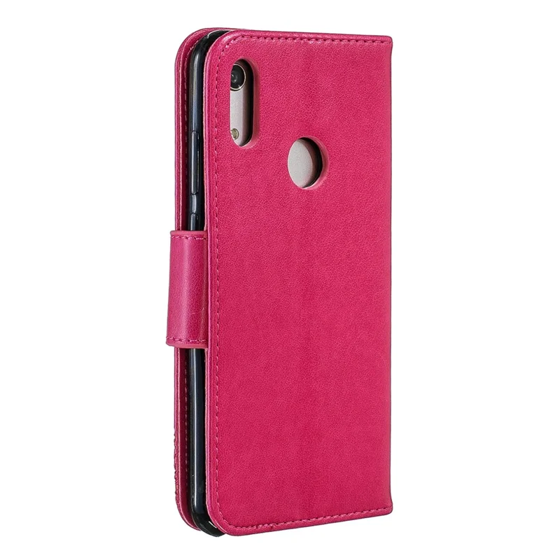 Imprint Butterfly PU Leather Wallet Flip Case with Strap for Huawei Y6 (2019, with Fingerprint Sensor) / Y6 Prime (2019) / Honor 8A - Rose