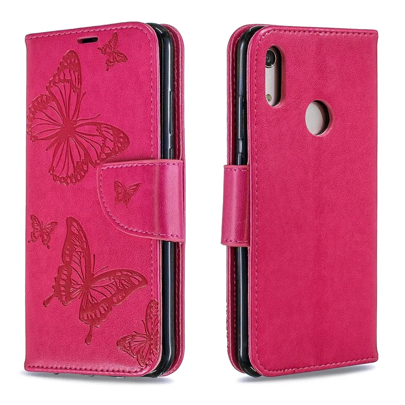 Imprint Butterfly PU Leather Wallet Flip Case with Strap for Huawei Y6 (2019, with Fingerprint Sensor) / Y6 Prime (2019) / Honor 8A - Rose