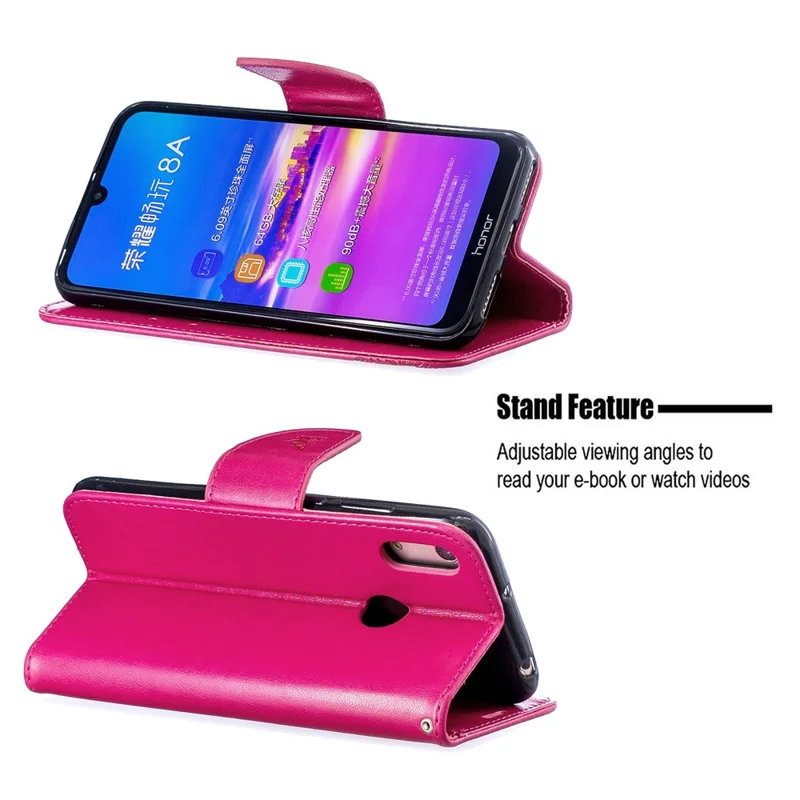 Imprint Butterfly PU Leather Wallet Flip Case with Strap for Huawei Y6 (2019, with Fingerprint Sensor) / Y6 Prime (2019) / Honor 8A - Rose