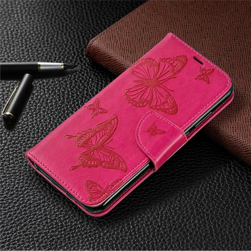 Imprint Butterfly PU Leather Wallet Flip Case with Strap for Huawei Y6 (2019, with Fingerprint Sensor) / Y6 Prime (2019) / Honor 8A - Rose