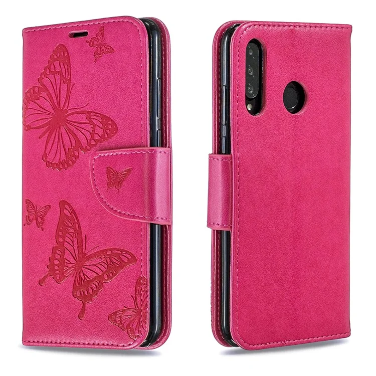 Impronta Butterfly PU Whatet Flip Custodia Con Cinturino Per Huawei P30 Lite / Nova 4e / P30 Lite New Edition - Rosa