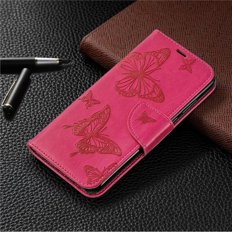 Imprint Butterfly PU Leather Wallet Flip Case with Strap for Huawei P30 Lite / nova 4e / P30 Lite New Edition - Rose