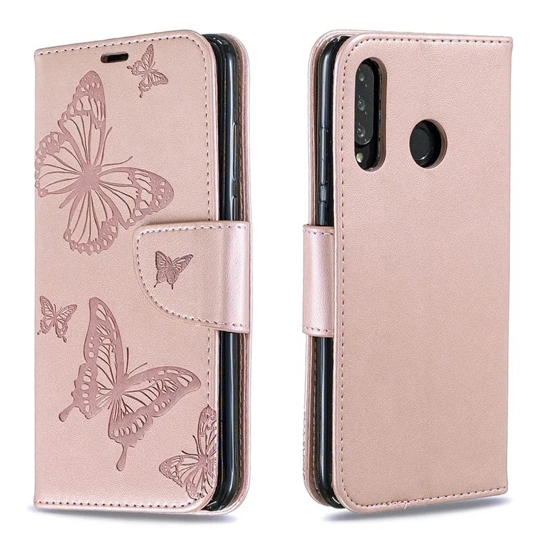 Imprint Butterfly PU Leather Wallet Flip Case with Strap for Huawei P30 Lite / nova 4e / P30 Lite New Edition - Rose Gold