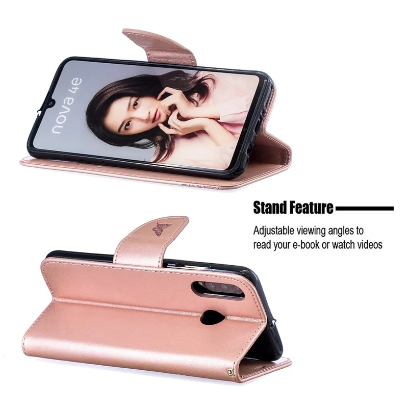 Imprint Butterfly PU Leather Wallet Flip Case with Strap for Huawei P30 Lite / nova 4e / P30 Lite New Edition - Rose Gold