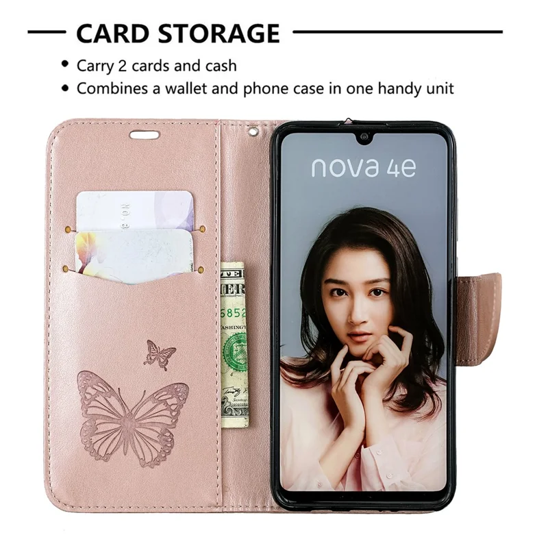 Imprint Butterfly PU Leather Wallet Flip Case with Strap for Huawei P30 Lite / nova 4e / P30 Lite New Edition - Rose Gold