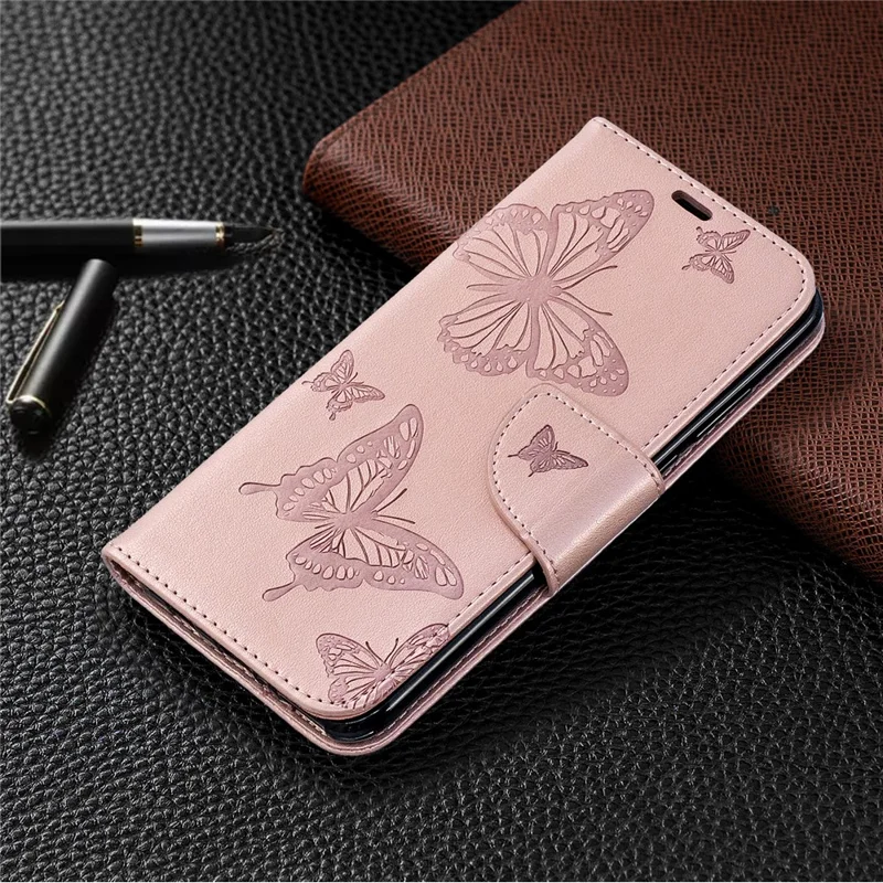 Imprint Butterfly PU Leather Wallet Flip Case with Strap for Huawei P30 Lite / nova 4e / P30 Lite New Edition - Rose Gold