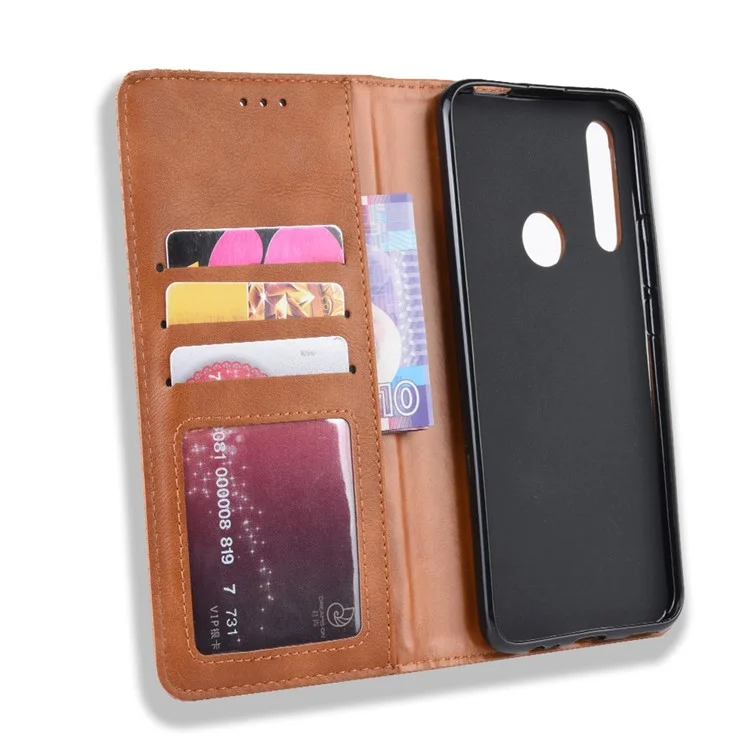 Funda de billetera de cuero de estilo vintage absorbido automáticamente para Huawei Honor 9X (Global) / P Smart Z / Y9 Prime 2019 / Enjoy 10 Plus - Marrón