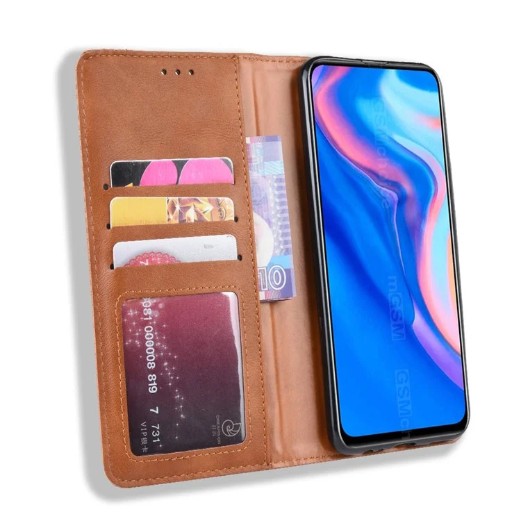 Funda de billetera de cuero de estilo vintage absorbido automáticamente para Huawei Honor 9X (Global) / P Smart Z / Y9 Prime 2019 / Enjoy 10 Plus - Marrón