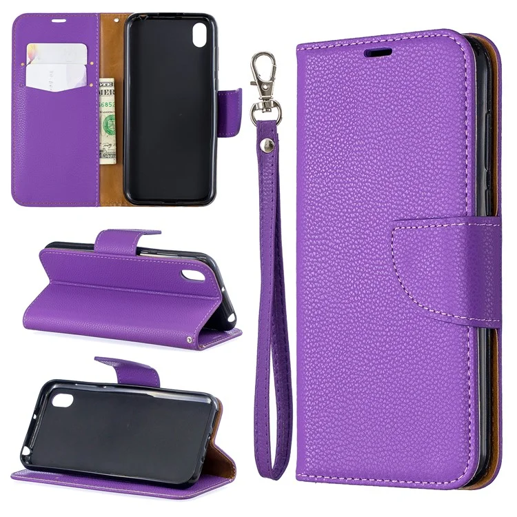 Litchi Skin Leather Cartet Case Para Huawei Y5 (2019) / Honra 8s - Roxo