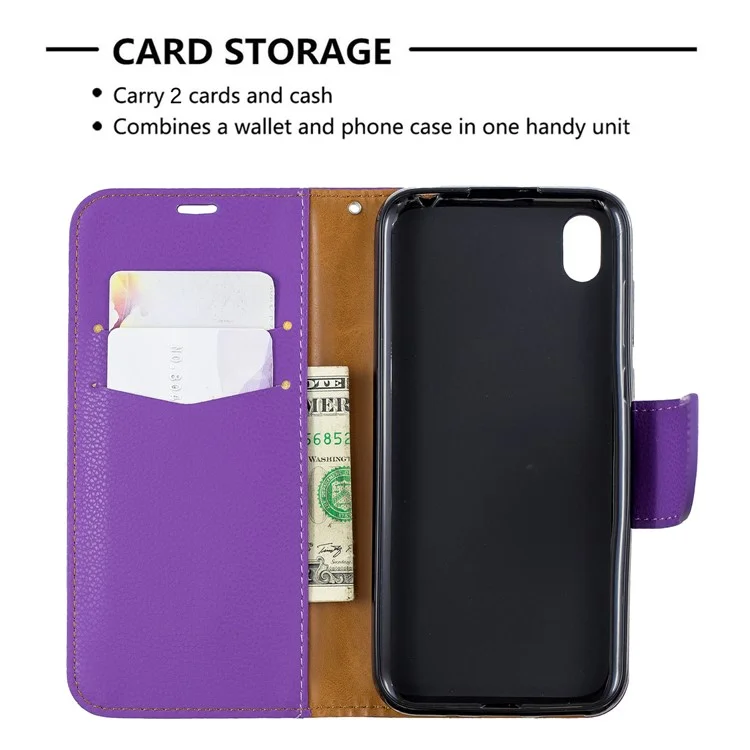 Litchi Skin Leather Cartet Case Para Huawei Y5 (2019) / Honra 8s - Roxo