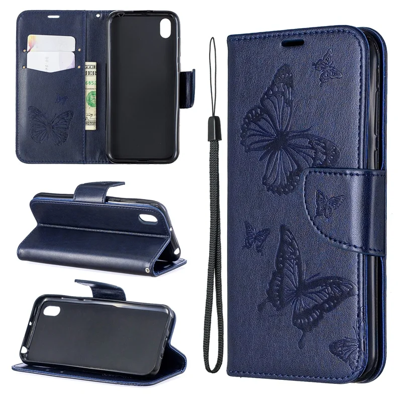 Imprint Butterfly Leather Wallet Case for Huawei Y5 (2019) / Honor 8S - Blue