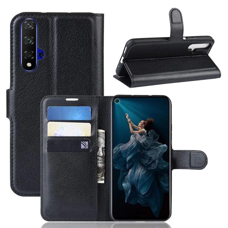 Litchi Skin Leather Stand Stand Caso Para Huawei Honor 20s / Honra 20 - Preto