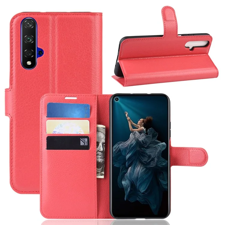 Litchi Skin Leather Wallet Stand Case for Huawei Honor 20S / Honor 20 - Red