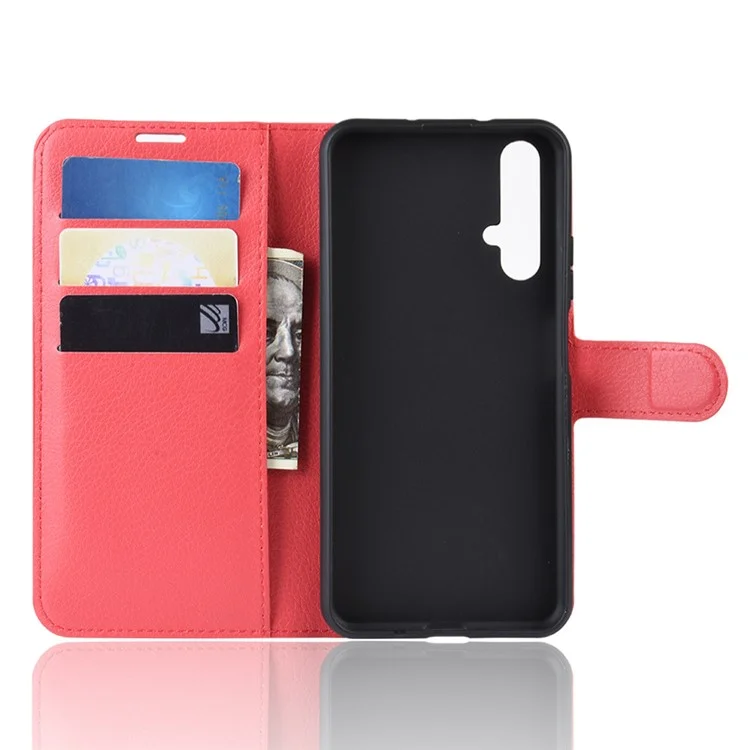 Litchi Skin Leather Wallet Stand Case for Huawei Honor 20S / Honor 20 - Red