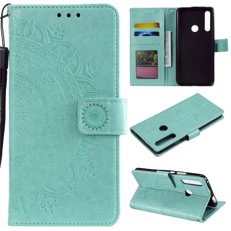 Imprint Flower Leather Wallet Case for Huawei Honor 9X (Global)/P Smart Z / Y9 Prime 2019/ Enjoy 10 Plus - Cyan