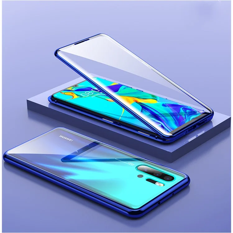 Magnetic Installation Metal Frame + Dual Sided Tempered Glass Alll-side Protective Cell Phone Case for Huawei P30 Pro - Blue