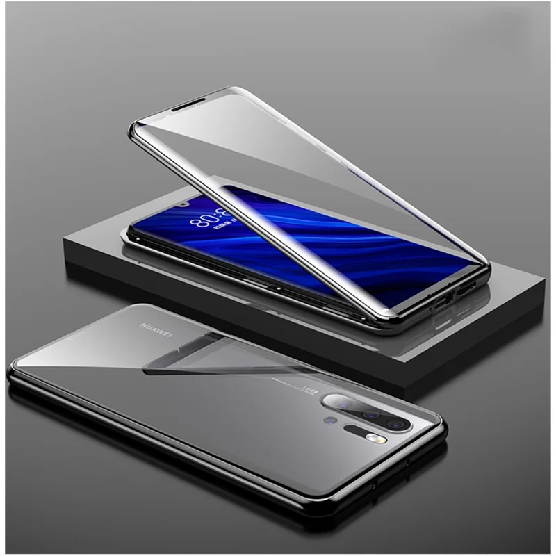 Magnetic Installation Metal Frame + Dual Sided Tempered Glass Alll-side Protective Cell Phone Case for Huawei P30 Pro - Black