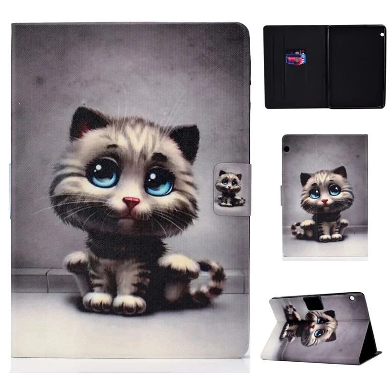 Shock-proof Pattern Printing Card Slot PU Leather Tablet Casing for Huawei MediaPad T5 10 - Cat with Blue Eyes