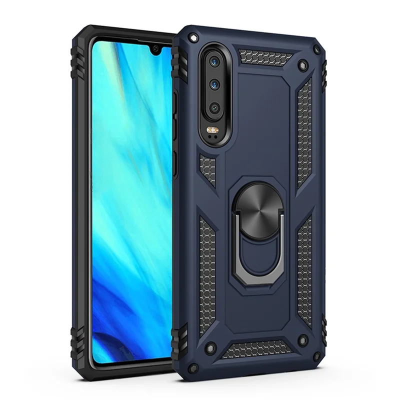 TPU+PC+Metal Kickstand Armor Phone Cover for Huawei P30 - Dark Blue