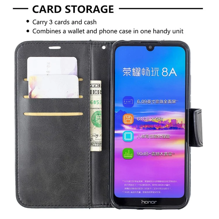 PU Leder Telefonhülle Für Huawei Y6 (2019, Mit Fingerabdrucksensor)/y6 Prime (2019)/Honor 8a - Dunkelgrau