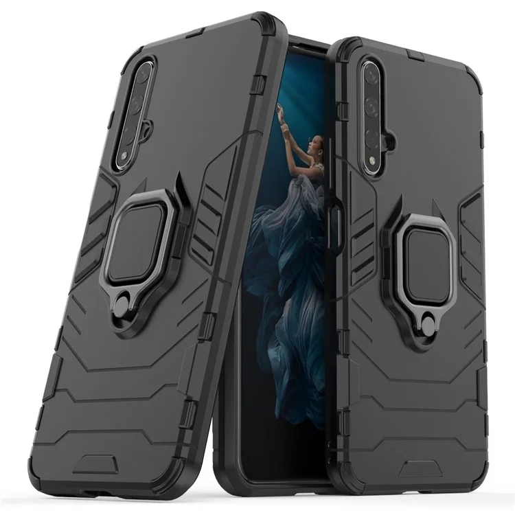 Drehbarer Ring Kickstand Rüstung PC TPU Hybrid Handyhülle für Huawei Honor 20/Honor 20s - Schwarz