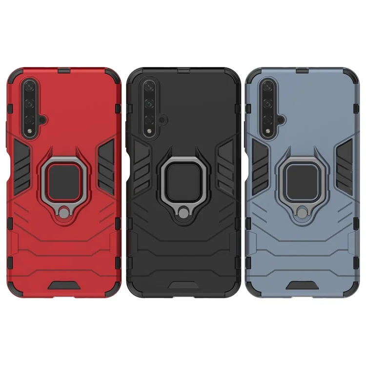 Drehbarer Ring Kickstand Rüstung PC TPU Hybrid Handyhülle für Huawei Honor 20/Honor 20s - Schwarz