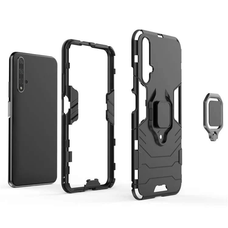 Drehbarer Ring Kickstand Rüstung PC TPU Hybrid Handyhülle für Huawei Honor 20/Honor 20s - Schwarz