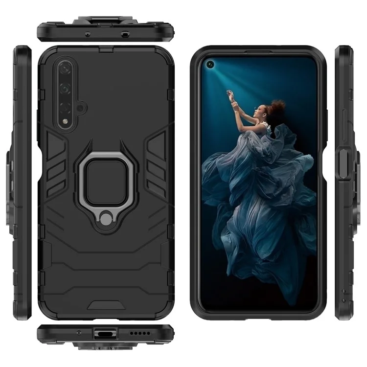 Drehbarer Ring Kickstand Rüstung PC TPU Hybrid Handyhülle für Huawei Honor 20/Honor 20s - Schwarz