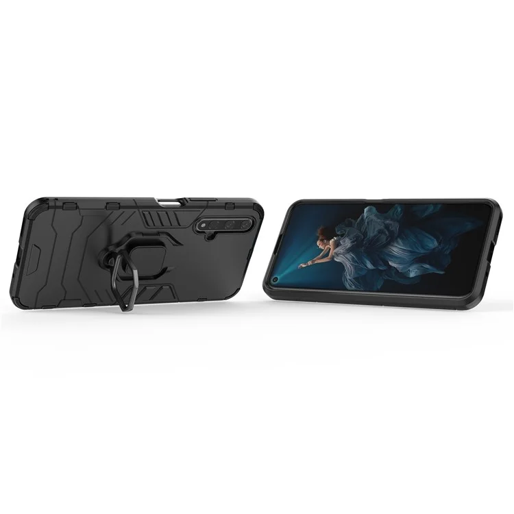 Drehbarer Ring Kickstand Rüstung PC TPU Hybrid Handyhülle für Huawei Honor 20/Honor 20s - Schwarz