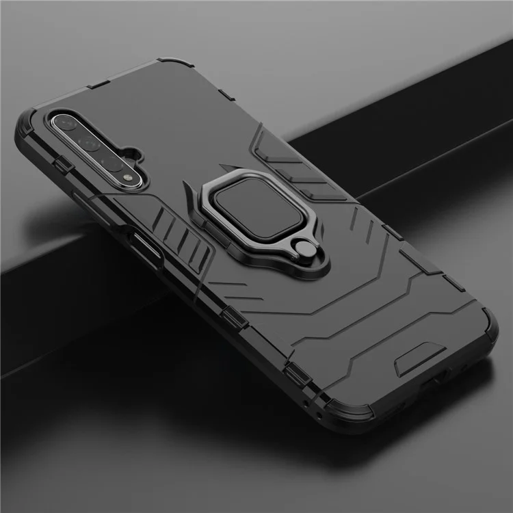 Drehbarer Ring Kickstand Rüstung PC TPU Hybrid Handyhülle für Huawei Honor 20/Honor 20s - Schwarz