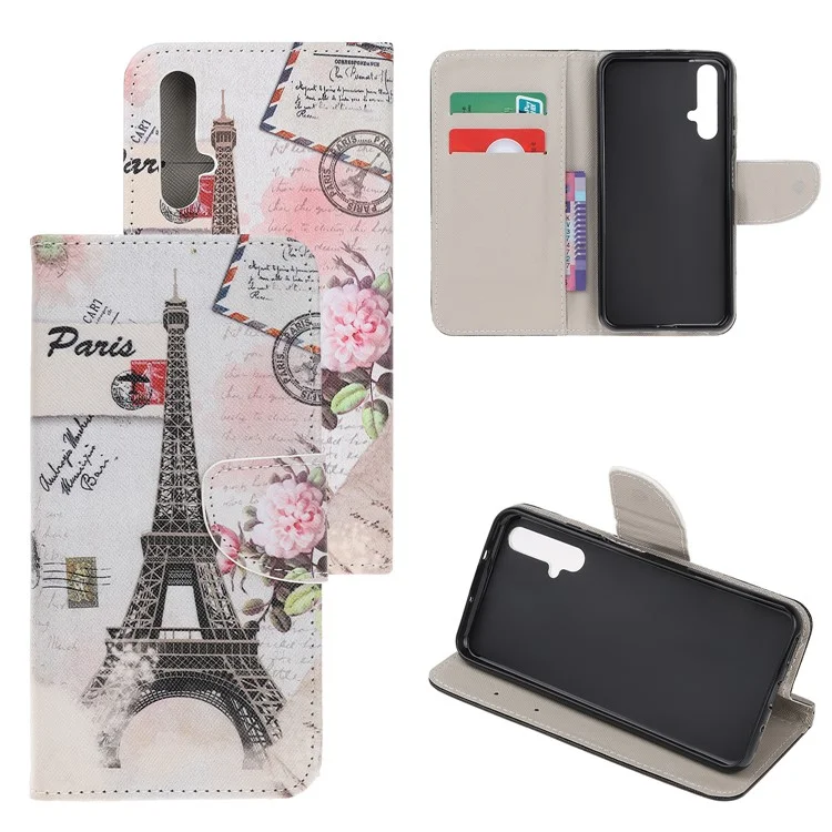 Patrón De Textura Cruzada Impresión Flip Leather Wallet Stand Phone Cover Para Huawei Honor 20 / Honor 20s - Torre Eiffel De París