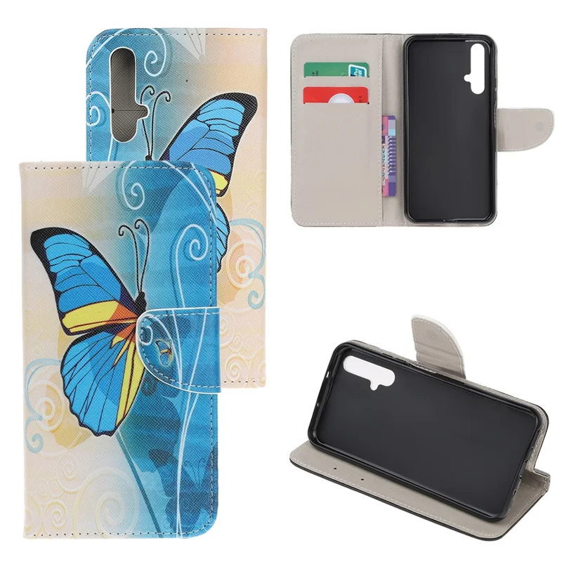 Cross Texture Pattern Printing Flip Leather Wallet Stand Phone Cover for Huawei Honor 20/Honor 20s - Blue Butterflies