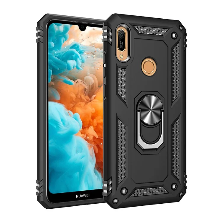 Funda de teléfono con soporte para PC+TPU para Huawei Y6 (2019, con sensor de huella dactilar) / Y6 Prime (2019) - Negro
